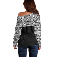 Samoan Traditional Art Tattoos Off Shoulder Sweater Tatau Tribal Motifs with Ula Fala Black LT03 - Polynesian Pride