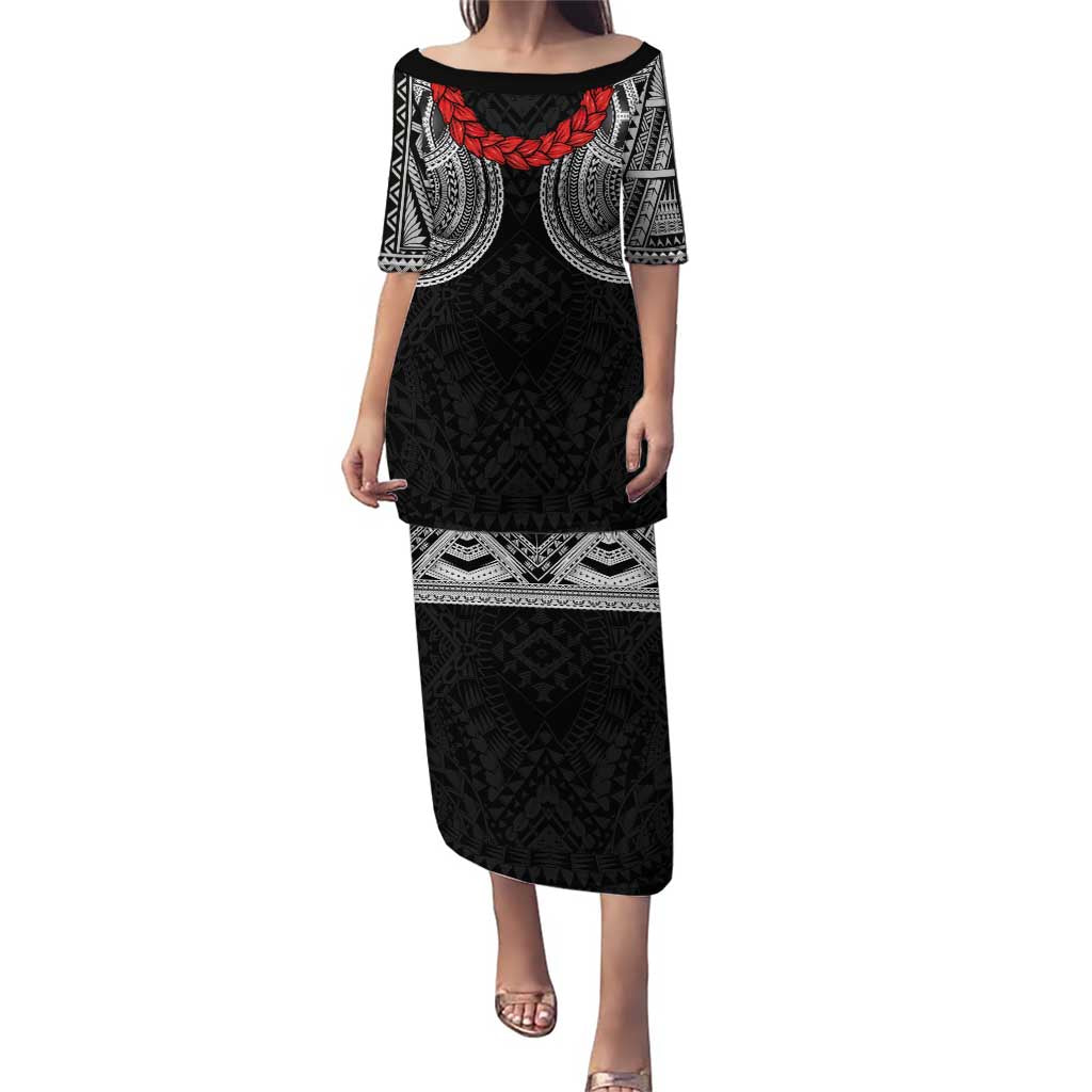 Samoan Traditional Art Tattoos Puletasi Tatau Tribal Motifs with Ula Fala Black LT03 Long Dress Black - Polynesian Pride