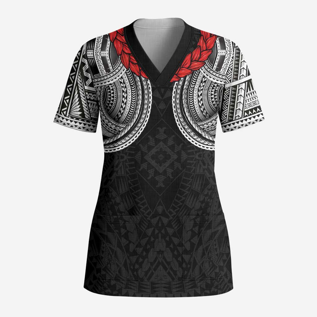 Samoan Traditional Art Tattoos Scrub Top Tatau Tribal Motifs with Ula Fala Black LT03 Adult Black - Polynesian Pride