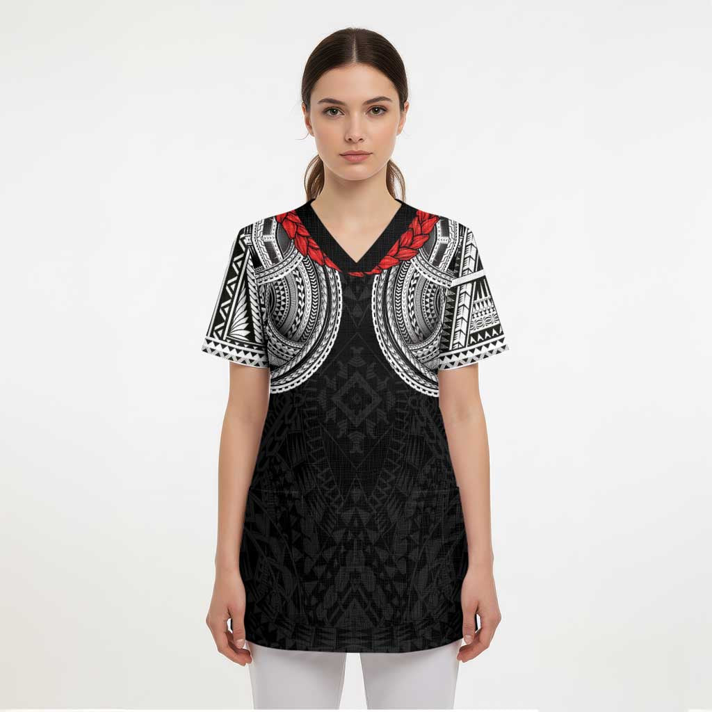 Samoan Traditional Art Tattoos Scrub Top Tatau Tribal Motifs with Ula Fala Black LT03 - Polynesian Pride