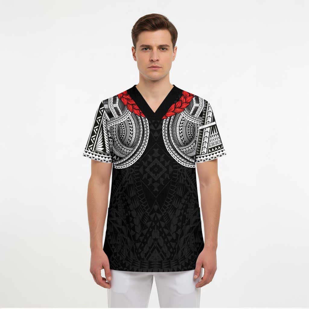 Samoan Traditional Art Tattoos Scrub Top Tatau Tribal Motifs with Ula Fala Black LT03 - Polynesian Pride