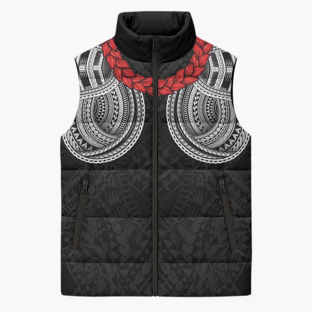 Samoan Traditional Art Tattoos Sleeveless Puffer Jacket Tatau Tribal Motifs with Ula Fala Black LT03 Unisex Black - Polynesian Pride
