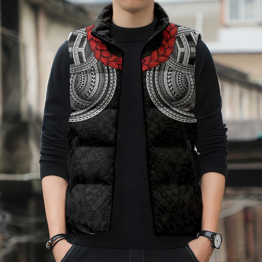 Samoan Traditional Art Tattoos Sleeveless Puffer Jacket Tatau Tribal Motifs with Ula Fala Black LT03 - Polynesian Pride