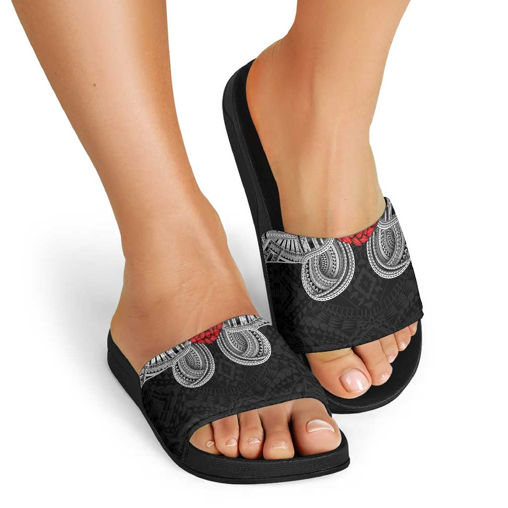 Samoan Traditional Art Tattoos Slide Sandals Tatau Tribal Motifs with Ula Fala Black LT03 - Polynesian Pride