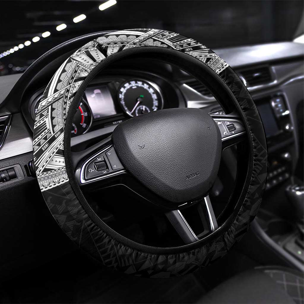 Samoan Traditional Art Tattoos Steering Wheel Cover Tatau Tribal Motifs with Ula Fala Black LT03 Universal Fit Black - Polynesian Pride