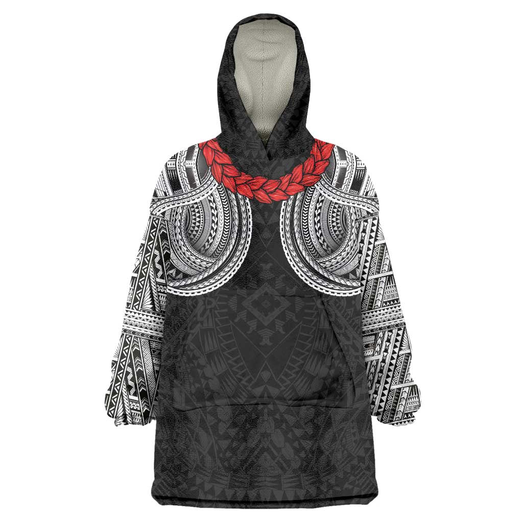 Samoan Traditional Art Tattoos Wearable Blanket Hoodie Tatau Tribal Motifs with Ula Fala Black LT03 One Size Black - Polynesian Pride