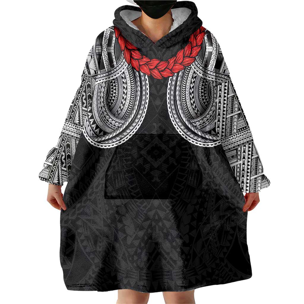 Samoan Traditional Art Tattoos Wearable Blanket Hoodie Tatau Tribal Motifs with Ula Fala Black LT03 - Polynesian Pride