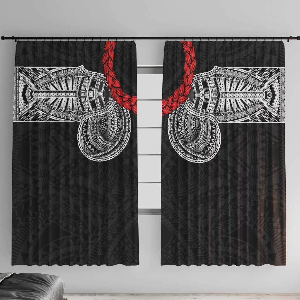 Samoan Traditional Art Tattoos Window Curtain Tatau Tribal Motifs with Ula Fala Black LT03 With Hooks Black - Polynesian Pride