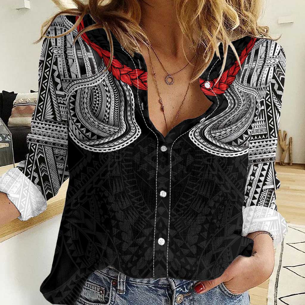 Samoan Traditional Art Tattoos Women Casual Shirt Tatau Tribal Motifs with Ula Fala Black - Polynesian Pride