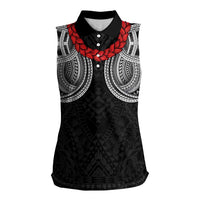Samoan Traditional Art Tattoos Women Sleeveless Polo Shirt Tatau Tribal Motifs with Ula Fala Black LT03 Female Black - Polynesian Pride
