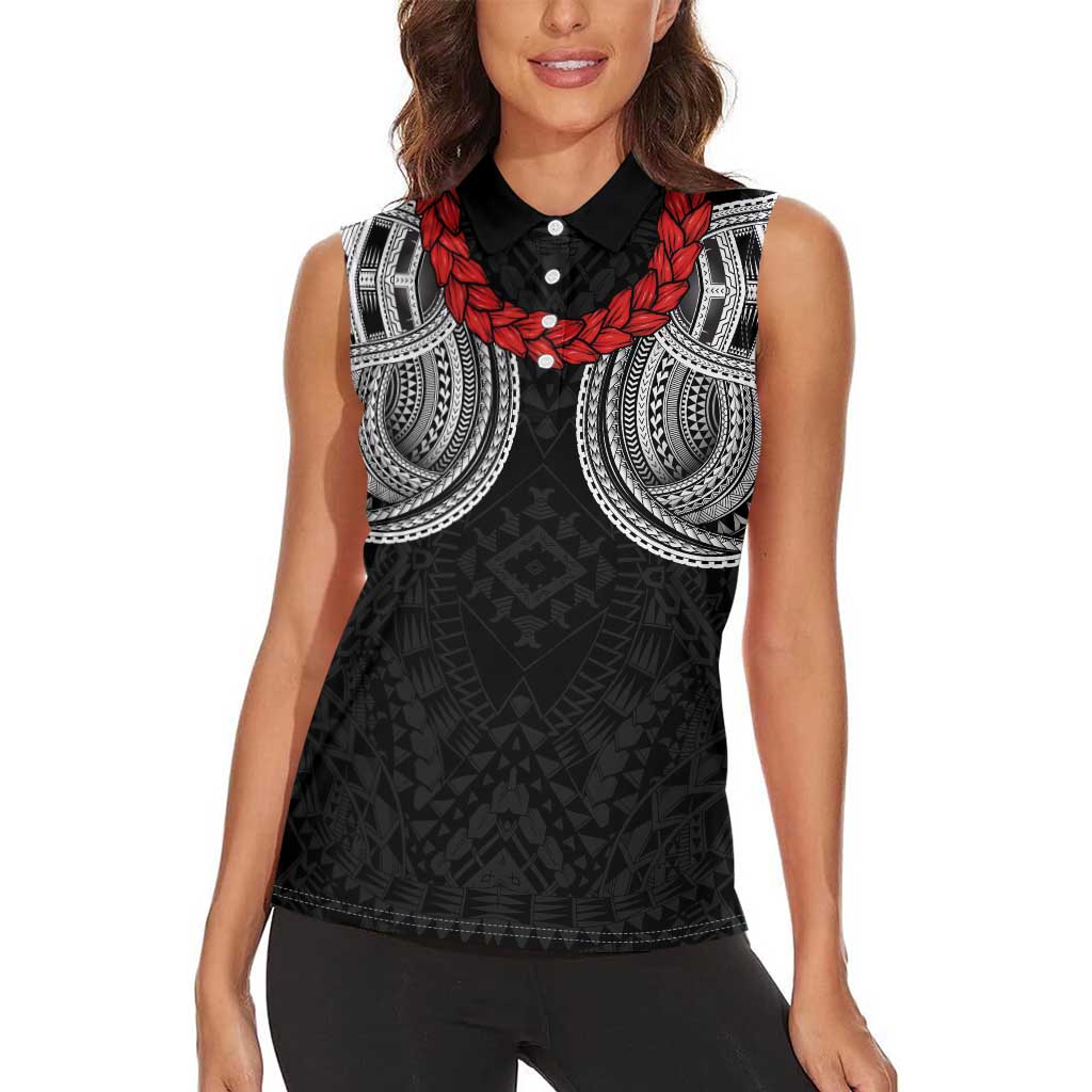 Samoan Traditional Art Tattoos Women Sleeveless Polo Shirt Tatau Tribal Motifs with Ula Fala Black LT03 - Polynesian Pride