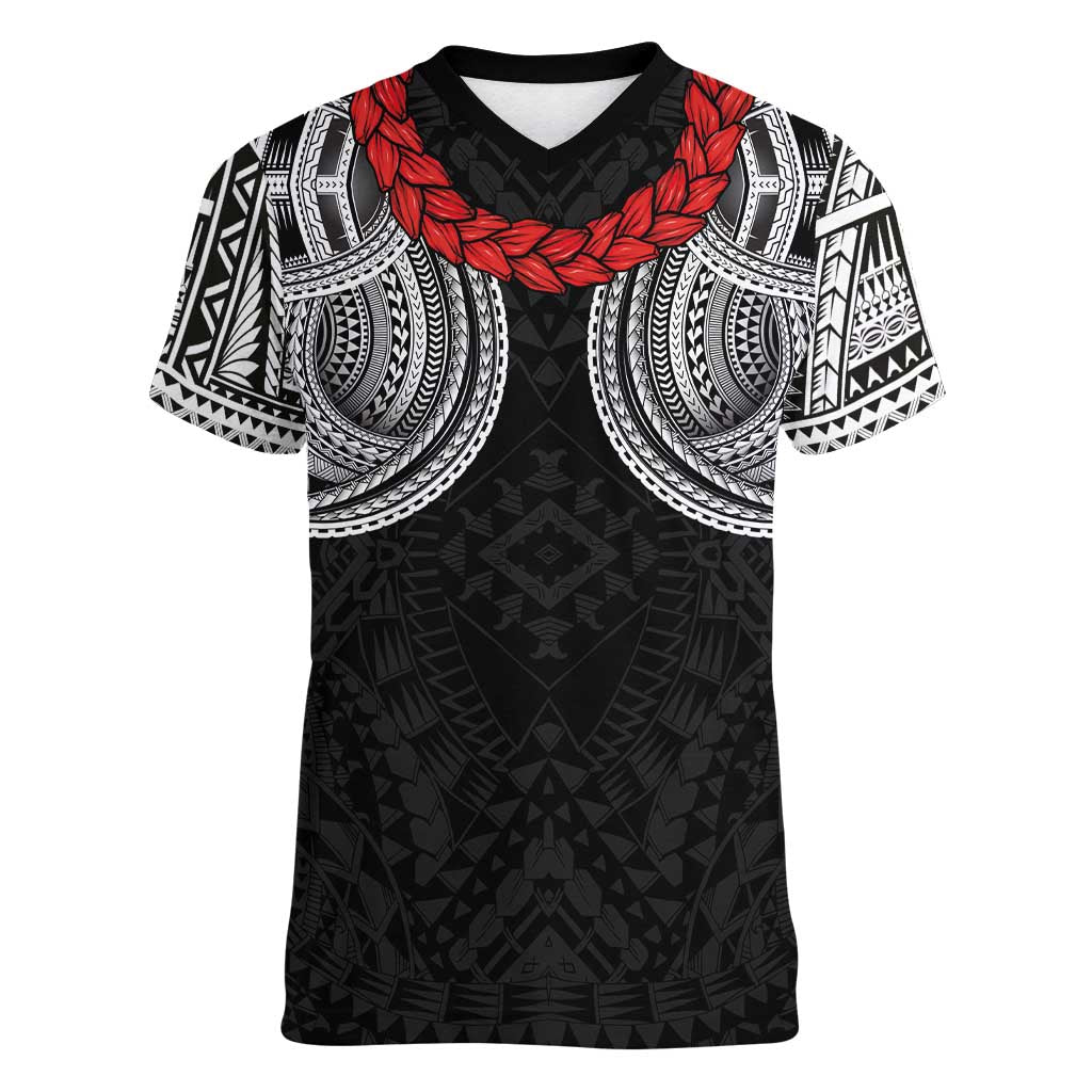 Samoan Traditional Art Tattoos Women V-Neck T-Shirt Tatau Tribal Motifs with Ula Fala Black LT03 Female Black - Polynesian Pride