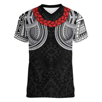 Samoan Traditional Art Tattoos Women V-Neck T-Shirt Tatau Tribal Motifs with Ula Fala Black LT03 Female Black - Polynesian Pride