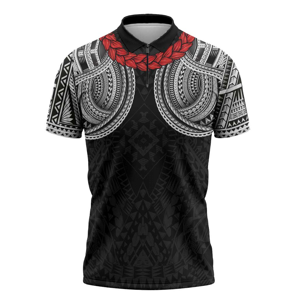 Samoan Traditional Art Tattoos Zipper Polo Shirt Tatau Tribal Motifs with Ula Fala Black LT03 Black - Polynesian Pride