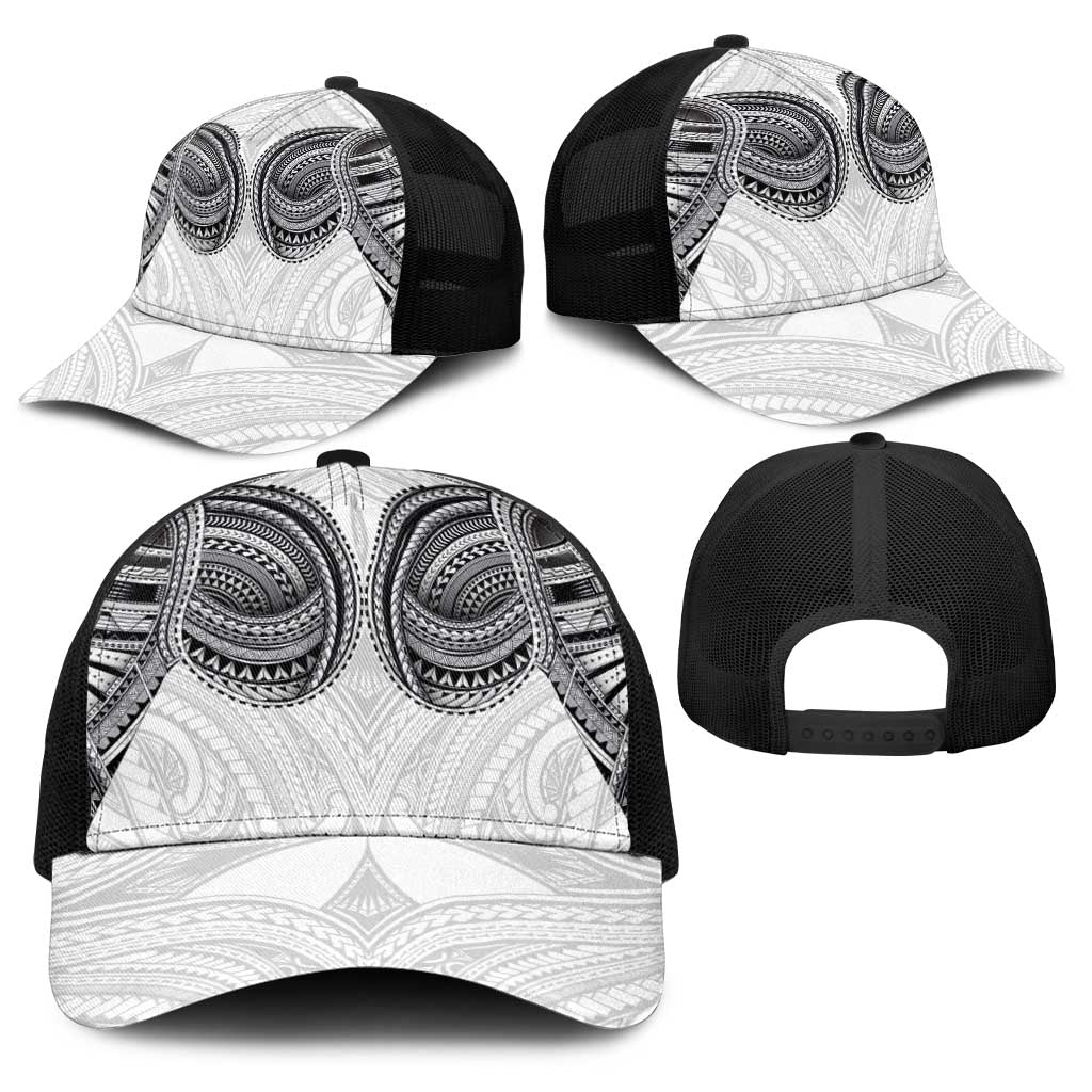 Samoan Traditional Art Tattoos Baseball Net Cap Tatau Tribal Motifs with Ula Nifo White - Polynesian Pride