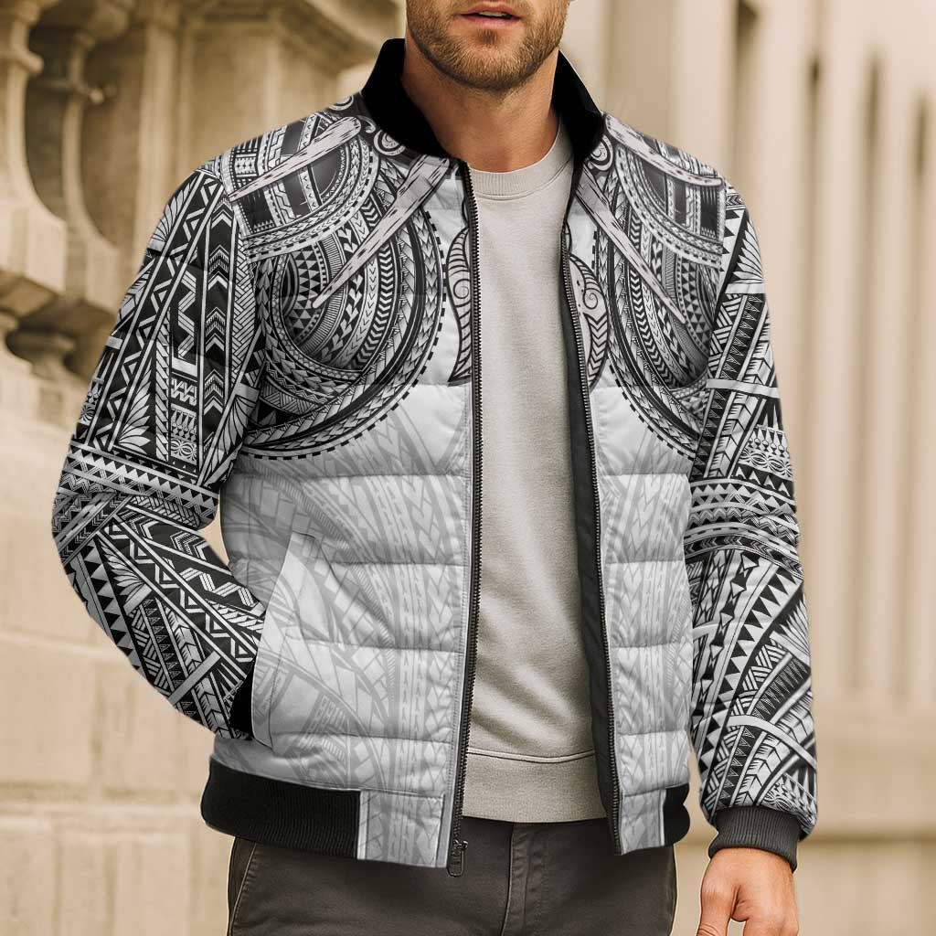 Samoan Traditional Art Tattoos Bomber Puffer Jacket Tatau Tribal Motifs with Ula Nifo White LT03 - Polynesian Pride