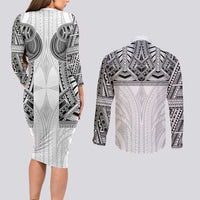 Samoan Traditional Art Tattoos Couples Matching Long Sleeve Bodycon Dress and Long Sleeve Button Shirt Tatau Tribal Motifs with Ula Nifo White LT03 - Polynesian Pride