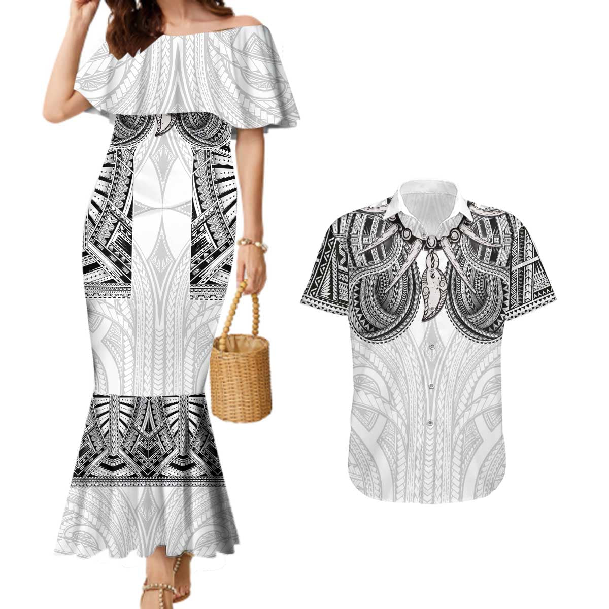 Samoan Traditional Art Tattoos Couples Matching Mermaid Dress and Hawaiian Shirt Tatau Tribal Motifs with Ula Nifo White LT03 White - Polynesian Pride