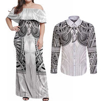 Samoan Traditional Art Tattoos Couples Matching Off Shoulder Maxi Dress and Long Sleeve Button Shirt Tatau Tribal Motifs with Ula Nifo White LT03 White - Polynesian Pride