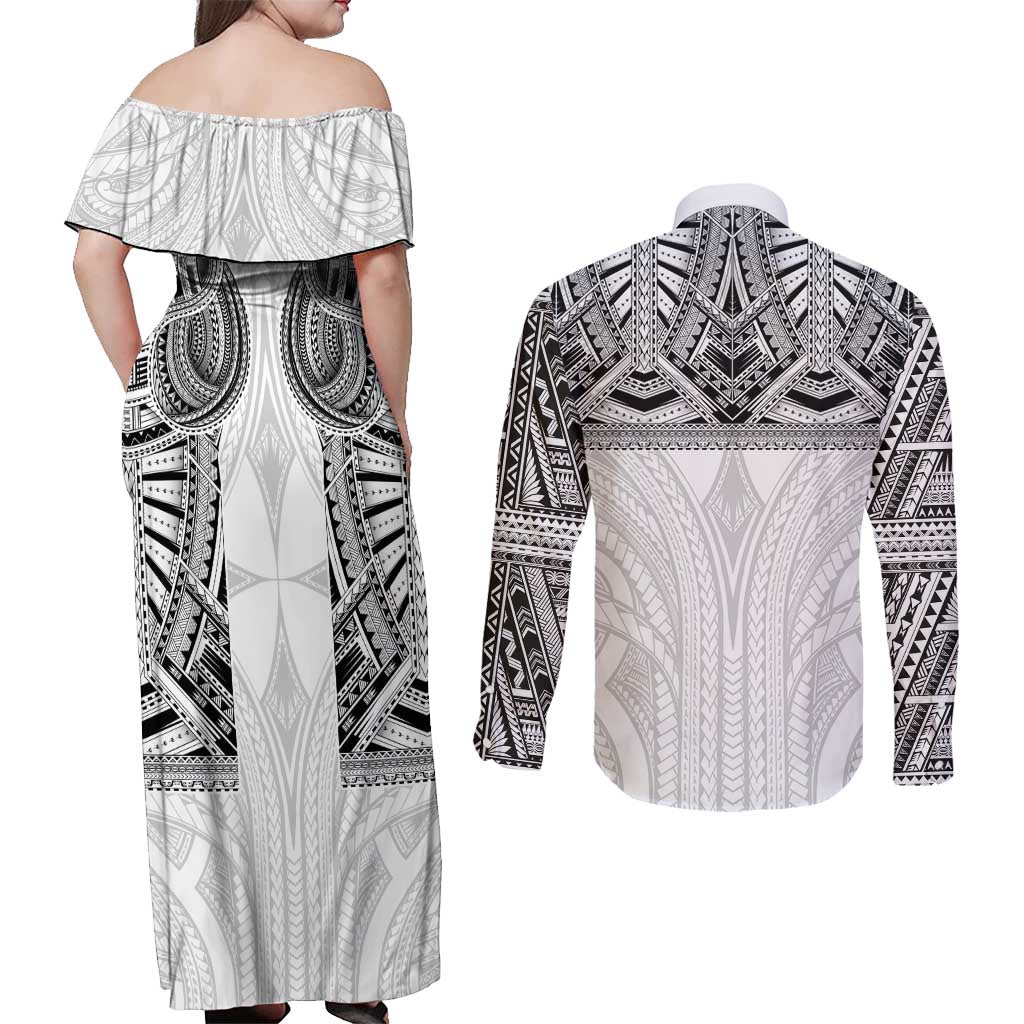 Samoan Traditional Art Tattoos Couples Matching Off Shoulder Maxi Dress and Long Sleeve Button Shirt Tatau Tribal Motifs with Ula Nifo White LT03 - Polynesian Pride