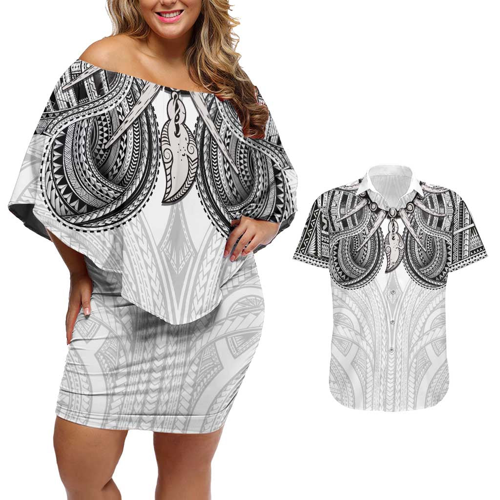 Samoan Traditional Art Tattoos Couples Matching Off Shoulder Short Dress and Hawaiian Shirt Tatau Tribal Motifs with Ula Nifo White LT03 White - Polynesian Pride