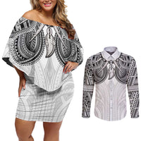 Samoan Traditional Art Tattoos Couples Matching Off Shoulder Short Dress and Long Sleeve Button Shirt Tatau Tribal Motifs with Ula Nifo White LT03 White - Polynesian Pride