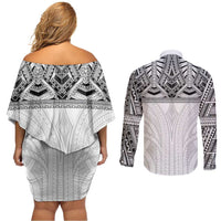 Samoan Traditional Art Tattoos Couples Matching Off Shoulder Short Dress and Long Sleeve Button Shirt Tatau Tribal Motifs with Ula Nifo White LT03 - Polynesian Pride