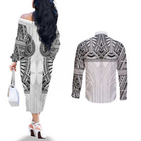 Samoan Traditional Art Tattoos Couples Matching Off The Shoulder Long Sleeve Dress and Long Sleeve Button Shirt Tatau Tribal Motifs with Ula Nifo White LT03 - Polynesian Pride