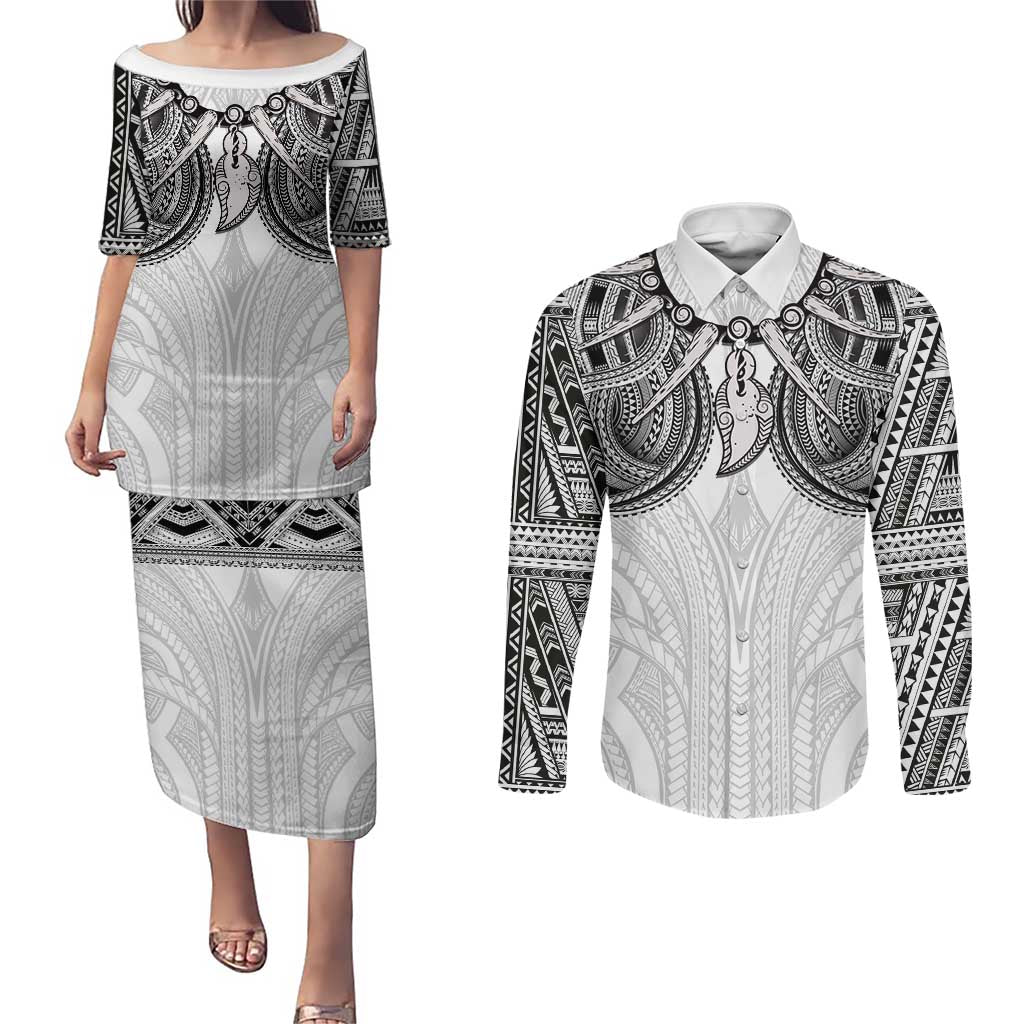 Samoan Traditional Art Tattoos Couples Matching Puletasi and Long Sleeve Button Shirt Tatau Tribal Motifs with Ula Nifo White - Polynesian Pride