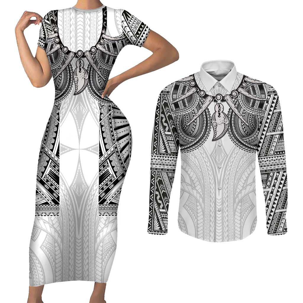 Samoan Traditional Art Tattoos Couples Matching Short Sleeve Bodycon Dress and Long Sleeve Button Shirt Tatau Tribal Motifs with Ula Nifo White - Polynesian Pride