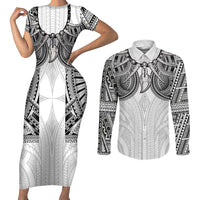 Samoan Traditional Art Tattoos Couples Matching Short Sleeve Bodycon Dress and Long Sleeve Button Shirt Tatau Tribal Motifs with Ula Nifo White LT03 White - Polynesian Pride