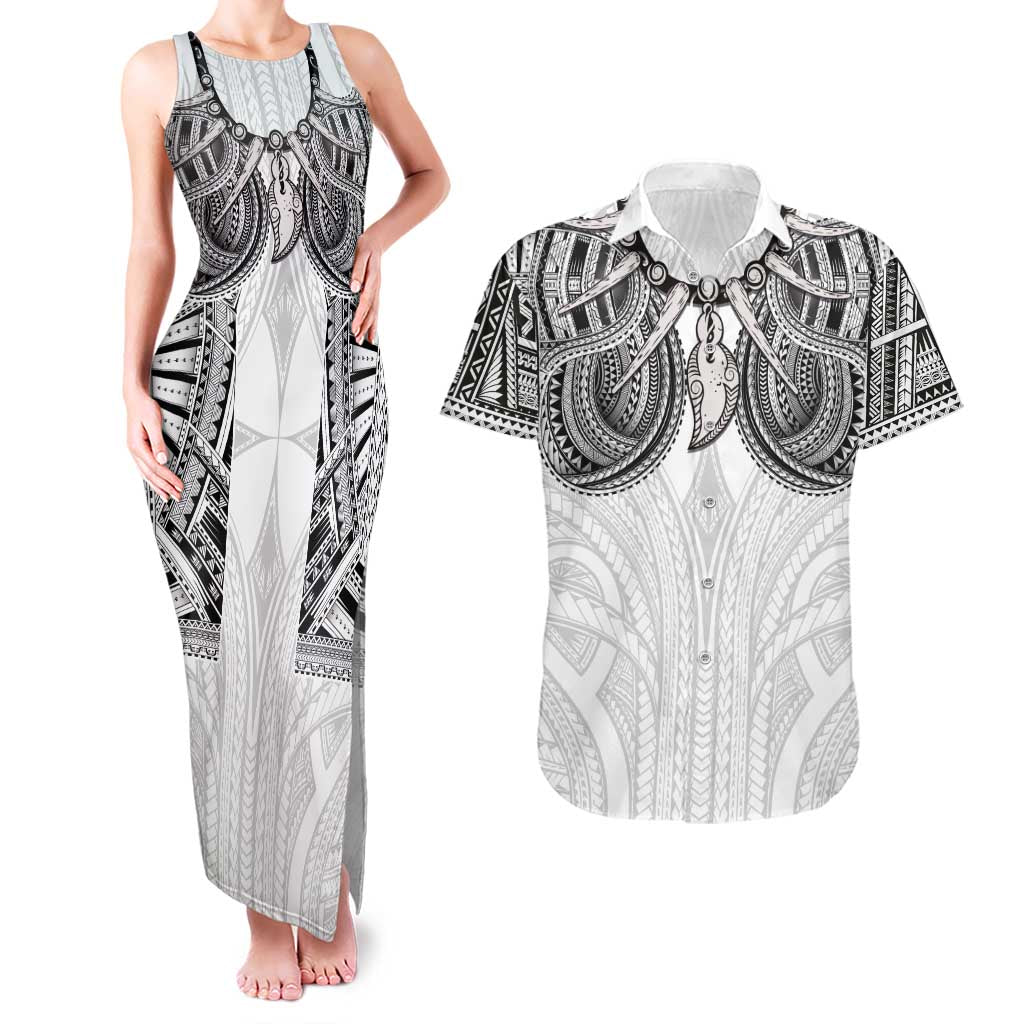 Samoan Traditional Art Tattoos Couples Matching Tank Maxi Dress and Hawaiian Shirt Tatau Tribal Motifs with Ula Nifo White - Polynesian Pride