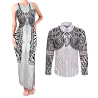 Samoan Traditional Art Tattoos Couples Matching Tank Maxi Dress and Long Sleeve Button Shirt Tatau Tribal Motifs with Ula Nifo White LT03 White - Polynesian Pride