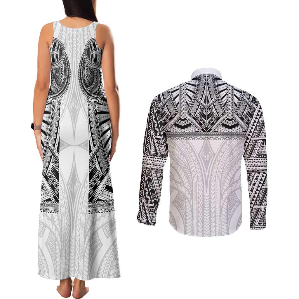 Samoan Traditional Art Tattoos Couples Matching Tank Maxi Dress and Long Sleeve Button Shirt Tatau Tribal Motifs with Ula Nifo White LT03 - Polynesian Pride