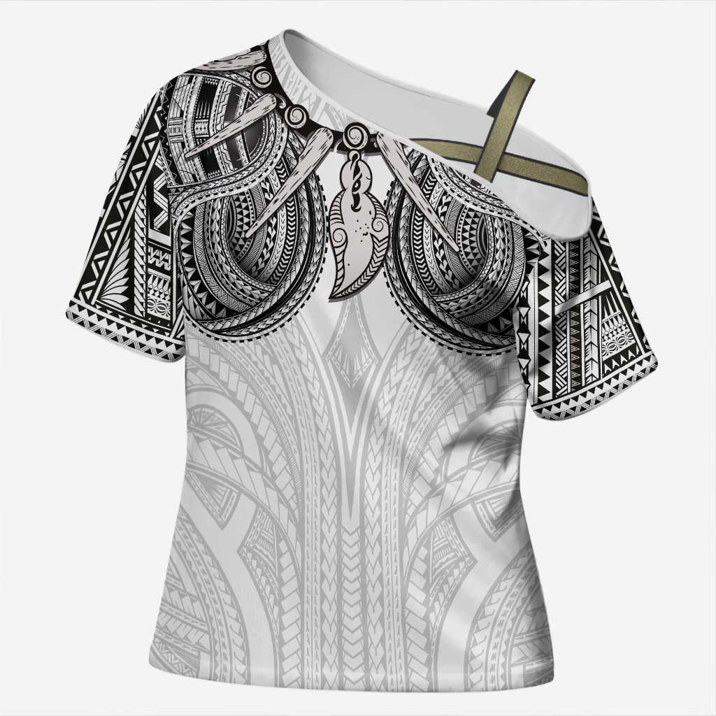 Samoan Traditional Art Tattoos Cross Shoulder Shirt Tatau Tribal Motifs with Ula Nifo White - Polynesian Pride