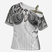 Samoan Traditional Art Tattoos Cross Shoulder Shirt Tatau Tribal Motifs with Ula Nifo White LT03 Female White - Polynesian Pride