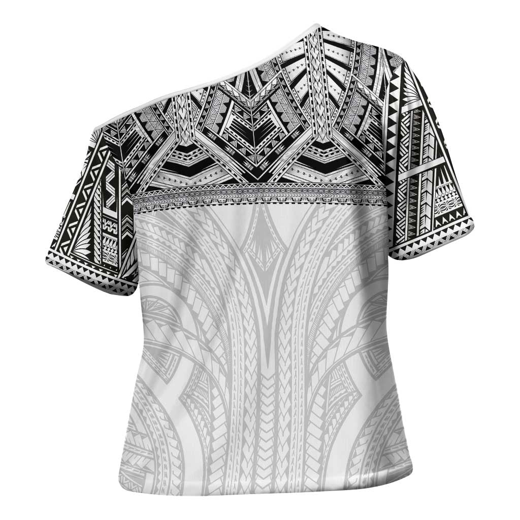 Samoan Traditional Art Tattoos Cross Shoulder Shirt Tatau Tribal Motifs with Ula Nifo White LT03 - Polynesian Pride