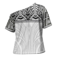 Samoan Traditional Art Tattoos Cross Shoulder Shirt Tatau Tribal Motifs with Ula Nifo White LT03 - Polynesian Pride