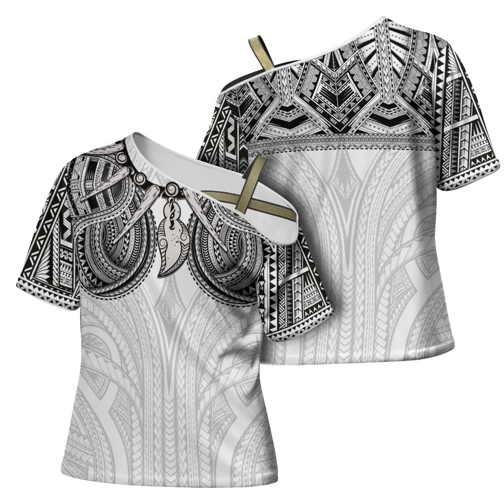 Samoan Traditional Art Tattoos Cross Shoulder Shirt Tatau Tribal Motifs with Ula Nifo White LT03 - Polynesian Pride