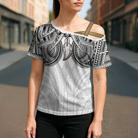 Samoan Traditional Art Tattoos Cross Shoulder Shirt Tatau Tribal Motifs with Ula Nifo White LT03 - Polynesian Pride