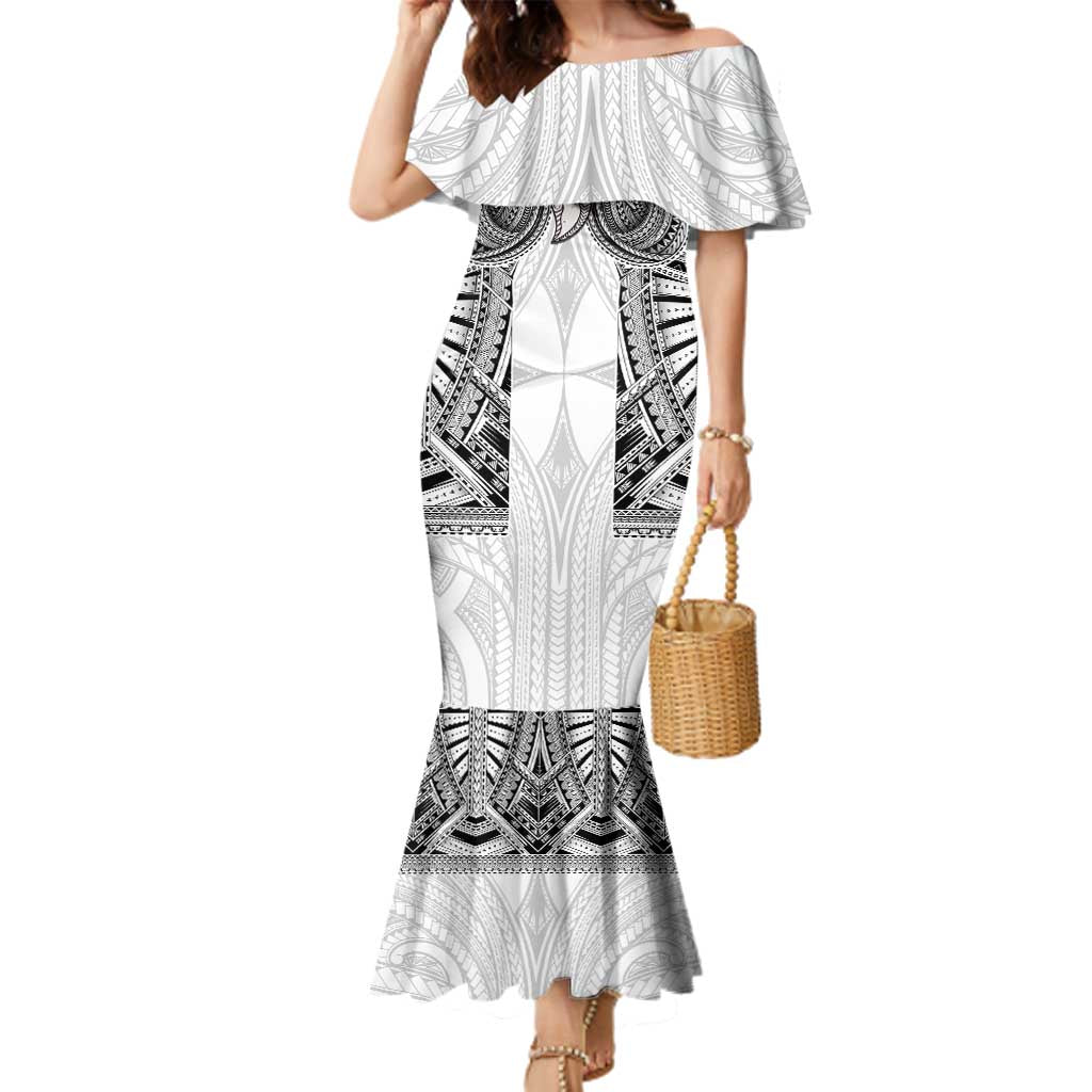 Samoan Traditional Art Tattoos Family Matching Mermaid Dress and Hawaiian Shirt Tatau Tribal Motifs with Ula Nifo White LT03 Mom's Dress White - Polynesian Pride