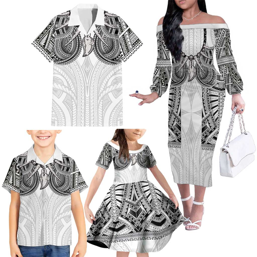 Samoan Traditional Art Tattoos Family Matching Off The Shoulder Long Sleeve Dress and Hawaiian Shirt Tatau Tribal Motifs with Ula Nifo White - Polynesian Pride