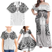 Samoan Traditional Art Tattoos Family Matching Off Shoulder Maxi Dress and Hawaiian Shirt Tatau Tribal Motifs with Ula Nifo White LT03 - Polynesian Pride