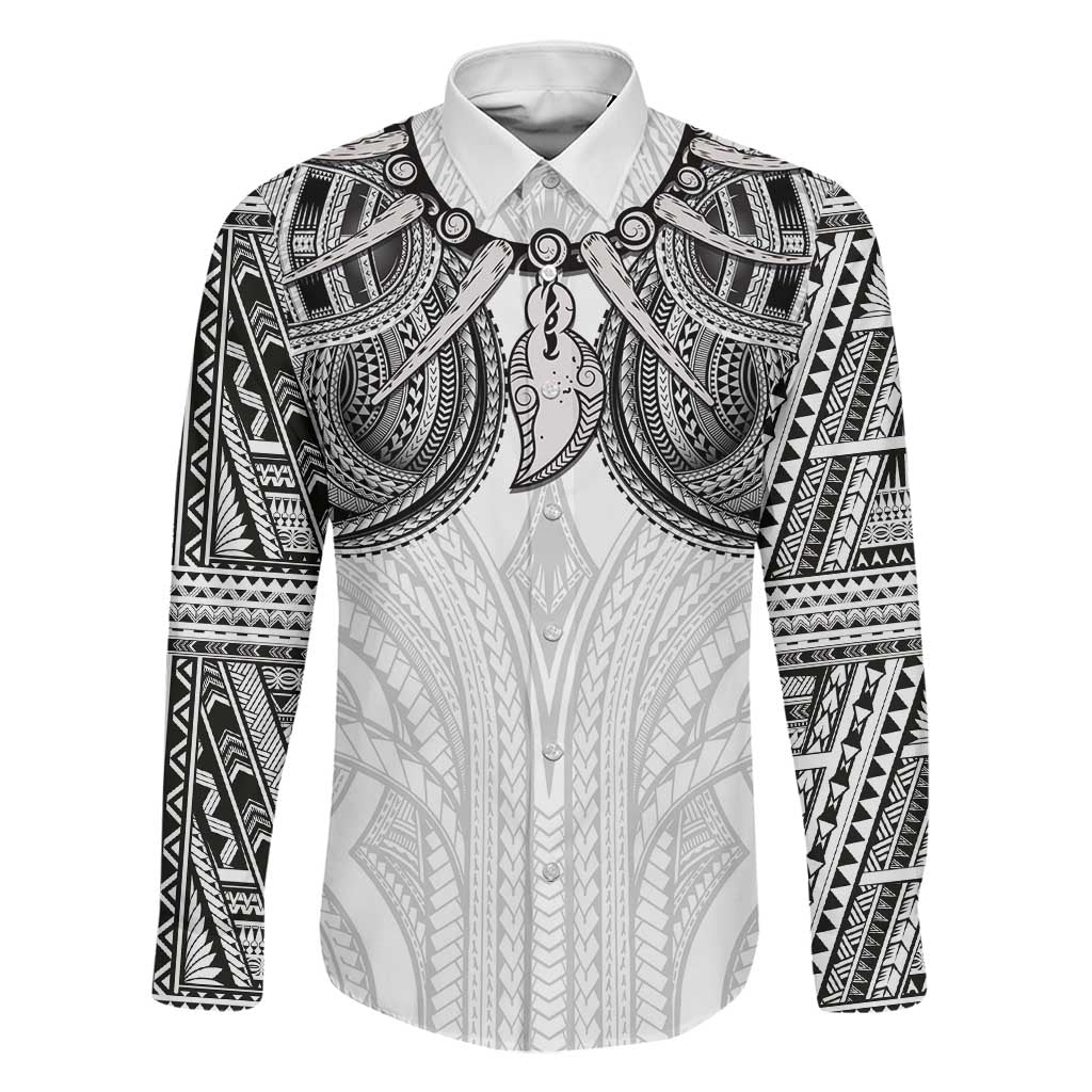 Samoan Traditional Art Tattoos Family Matching Off Shoulder Maxi Dress and Hawaiian Shirt Tatau Tribal Motifs with Ula Nifo White LT03 Dad's Shirt - Long Sleeve White - Polynesian Pride