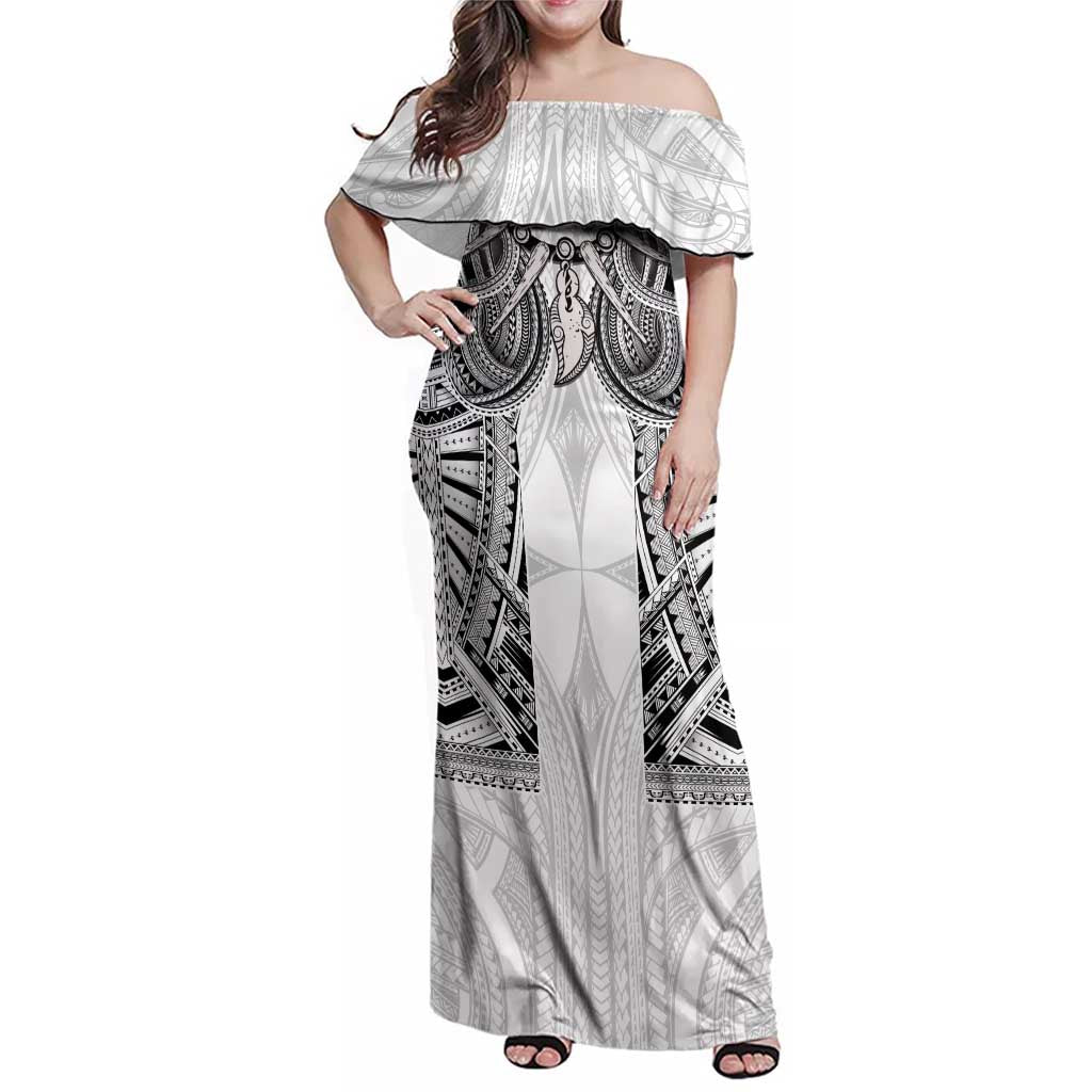 Samoan Traditional Art Tattoos Family Matching Off Shoulder Maxi Dress and Hawaiian Shirt Tatau Tribal Motifs with Ula Nifo White LT03 Mom's Dress White - Polynesian Pride
