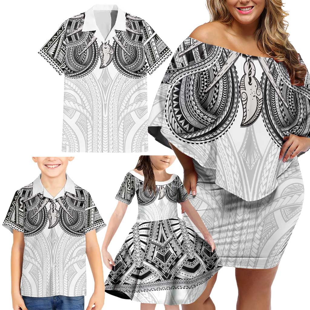 Samoan Traditional Art Tattoos Family Matching Off Shoulder Short Dress and Hawaiian Shirt Tatau Tribal Motifs with Ula Nifo White LT03 - Polynesian Pride