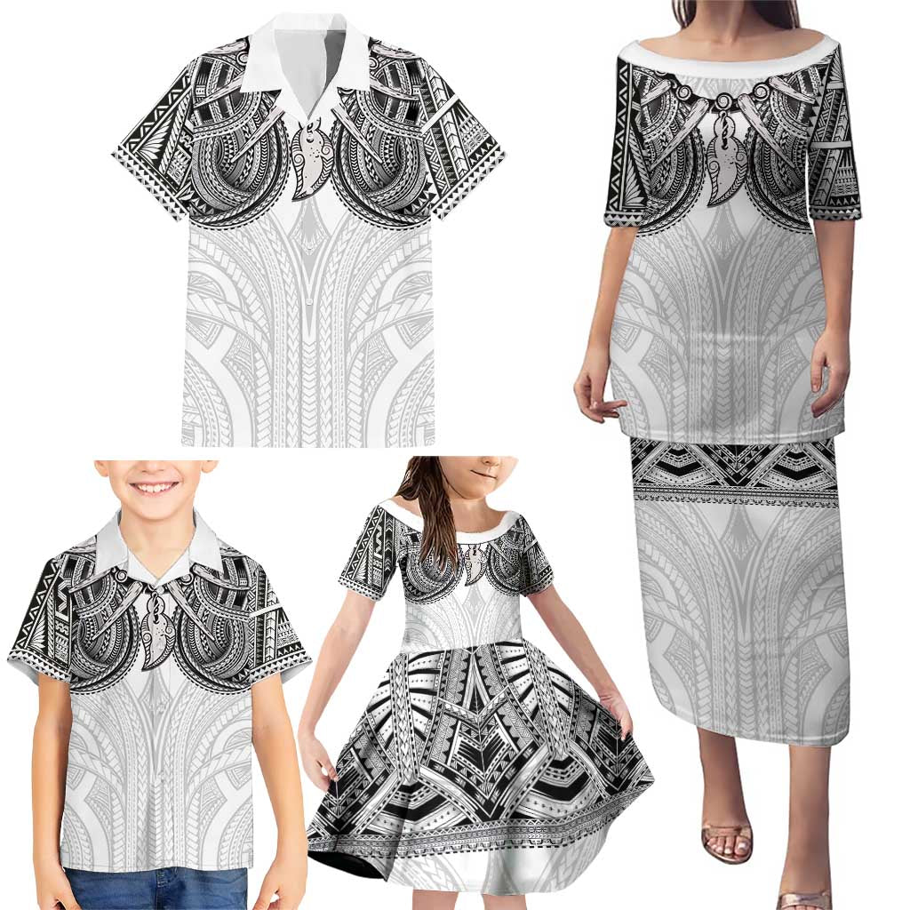 Samoan Traditional Art Tattoos Family Matching Puletasi and Hawaiian Shirt Tatau Tribal Motifs with Ula Nifo White LT03 - Polynesian Pride