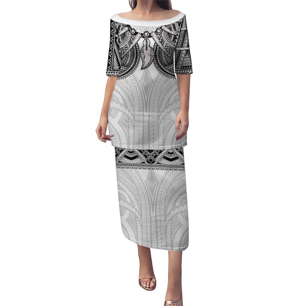 Samoan Traditional Art Tattoos Family Matching Puletasi and Hawaiian Shirt Tatau Tribal Motifs with Ula Nifo White LT03 Mom's Dress White - Polynesian Pride