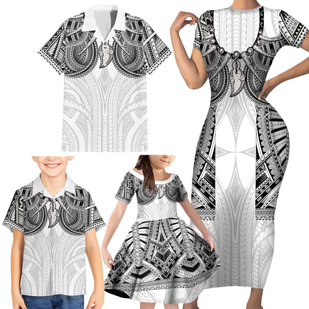 Samoan Traditional Art Tattoos Family Matching Short Sleeve Bodycon Dress and Hawaiian Shirt Tatau Tribal Motifs with Ula Nifo White LT03 - Polynesian Pride