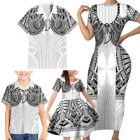Samoan Traditional Art Tattoos Family Matching Short Sleeve Bodycon Dress and Hawaiian Shirt Tatau Tribal Motifs with Ula Nifo White LT03 - Polynesian Pride